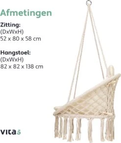 Vita5 Macramé Hangstoel - Voor Binnen En Buiten - Zonder Standaard - Incl. Kussen, Boekenvak En Beschermhoes - Tot 150kg - Beige -Gardena Winkel 1020x1200