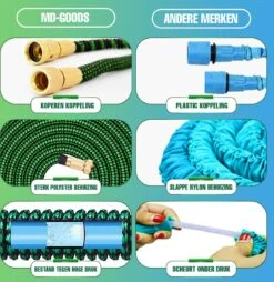 MD-Goods ® Super Sterk Uitrekbare Tuinslang Tot 30 Meter + GRATIS Tas En Koppelstuk - Tuinsproeier - Tuin Besproeien - Waterslang - Sproeikop - Groen - Flexibel Elastisch -Gardena Winkel 1169x1200