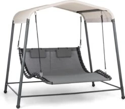 Blumfeldt Palermo Schommelbank - Hollywoodschommel 130 X 207 Cm - Ligbed Met Dak - Schommelstoel Voor 2 Personen - Tuinbank Inclusief Nekkussens - Stalen Frame En Polyester Dak - Grijs
