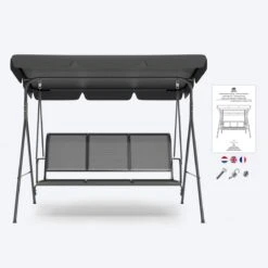 LifeGoods Schommelbank - 3-zits - Tot 250KG - Kantelbaar Dak - UV-bestendig Zonnescherm - 172x104x162cm - Grijs -Gardena Winkel 1200x1200 206