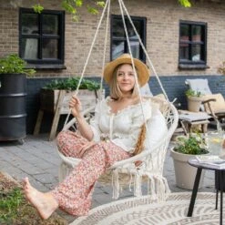 Vita5 Macramé Hangstoel - Voor Binnen En Buiten - Zonder Standaard - Incl. Kussen, Boekenvak En Beschermhoes - Tot 150kg - Beige -Gardena Winkel 1200x1200 216