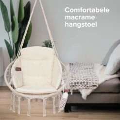 Vita5 Macramé Hangstoel - Voor Binnen En Buiten - Zonder Standaard - Incl. Kussen, Boekenvak En Beschermhoes - Tot 150kg - Beige -Gardena Winkel 1200x1200 220