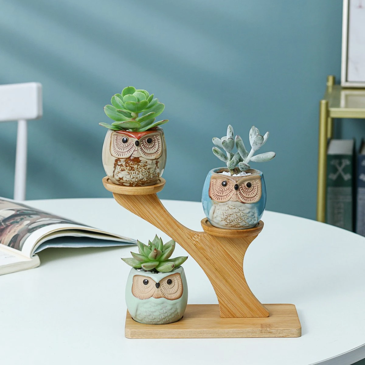 Luxe Bamboe Houten Boom Met 3 Keramiek Uil Bloempotten/Plantenpotten Op Standaard/Voet Voor Binnen En Buiten - Modern Design Bloempot/Plantenpot Op Poten/Pootjes-Plantenbak Mini Cactus Nep Plant Pot Houder - Kleine Bloembakken Plantenrek/Plantenkurk 2 Luxe Bamboe Houten Boom Met 3 Keramiek Uil Bloempotten/Plantenpotten Op Standaard/Voet Voor Binnen En Buiten - Modern Design Bloempot/Plantenpot Op Poten/Pootjes-Plantenbak Mini Cactus Nep Plant Pot Houder - Kleine Bloembakken Plantenrek/Plantenkurk - Afbeelding 2