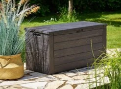 Merkloos Woody Tuin Opbergbox - 324 Liter 45x120x60 Cm - Tuinkussenbox - Antraciet/bruin -Gardena Winkel 1200x884