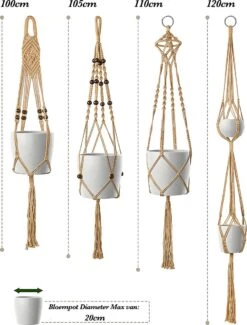 4 Stuks Luxe Jute Plantenhangers - Boho Handgeweven Katoen Hangpot Voor Binnen/Buiten - Hangende Bloempot Met Kralen - Macramé Touw/Koord Hangplant Houder - Bohemian Wandhanger Decoratie - Plant Hanger - Verticale Tuin Bloempothouder Planthanger -Gardena Winkel 913x1200